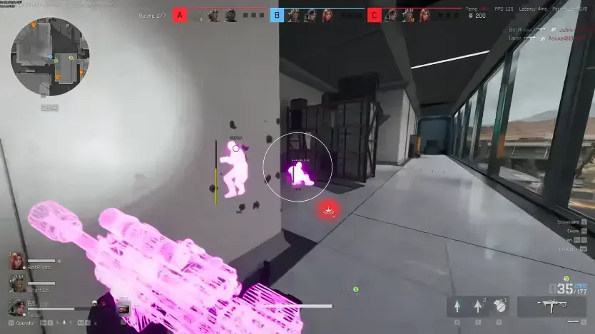 Delta Force indoor firefight with player silhouettes visible through walls and a circular aim FOV overlay.
