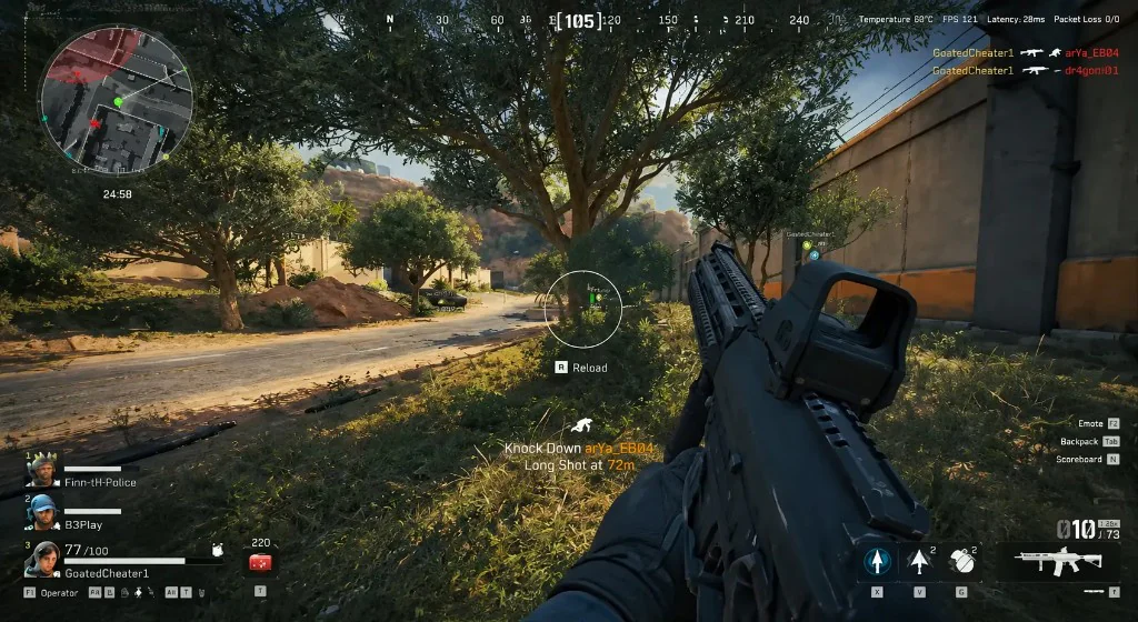Delta Force outdoor engagement with green player labels and distance readouts through trees.