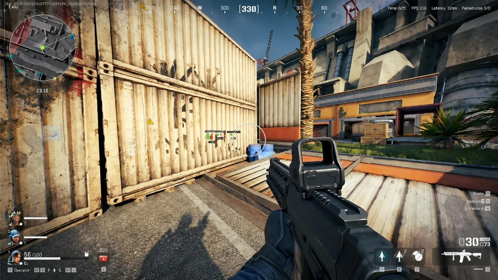 Delta Force first-person view down a scoped rifle toward an industrial yard and brick wall.